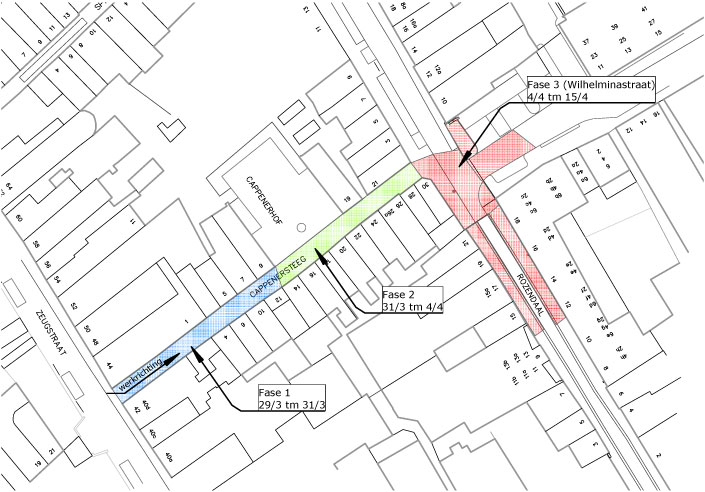 omgevingskaart van Werkzaamheden Cappenersteeg, Wilhelminastraat en Paradijs in Gouda